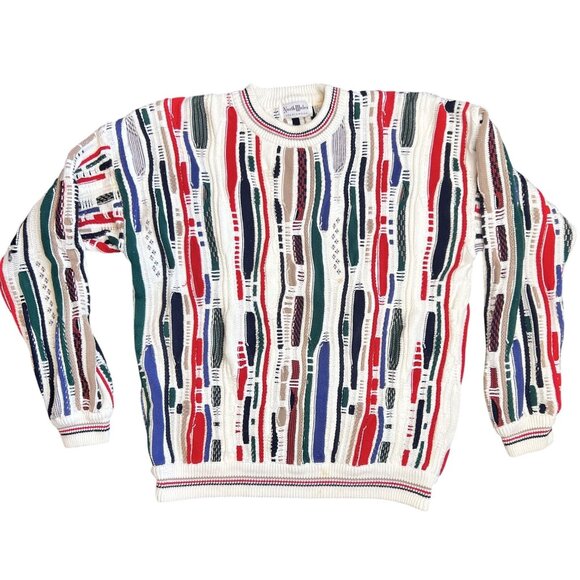 VTG North Wales 3D Textured Coogi Like Crew Neck Sweater L White Colorful Knit - Picture 9 of 12